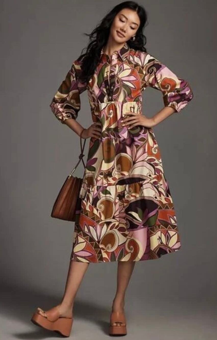 Anthropologie Maeve The Bettina Cotton Tiered Shirt Dress Size